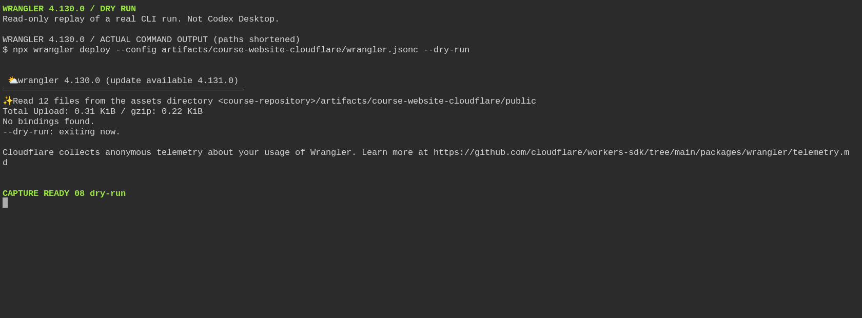 Wrangler dry-run จาก log จริง: อ่าน assets และไม่มี bindings โดยยังไม่ deploy