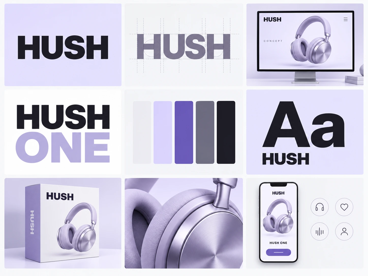 ภาพ brandkit HUSH แบบ 3 × 3 ที่สร้างจริง ประกอบด้วย wordmark, desktop hero, palette, typography, packaging และ mobile concept